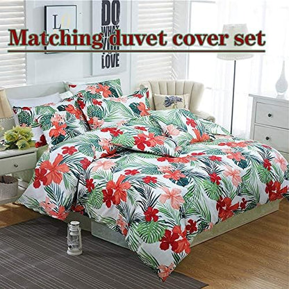 FADFAY Hawaiian Bedding Sheet Set Tropical Red Hibiscus Palm Leaves 100% Cotton Deep Pocket Fitted Sheet 4-Pieces King Size