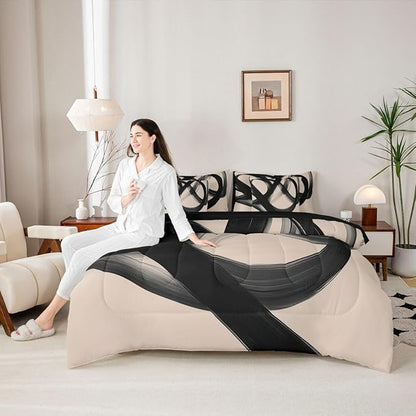Erosebridal Abstract Modern Black Beige 7 Piece Comforter Set King Bed in A Bag Neutral Minimalist Lines Bedding Set for Boys Men Geometric Sheet Set Contemporary Art Simple Quilt Room Decor