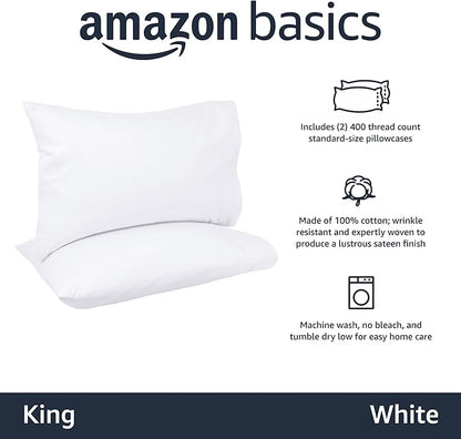 Amazon Basics 400 Thread Count Soft 100% Cotton Pillow Cases, Wrinkle Resistant, Sateen Weave, King Size, 40" x 20", Machine Washable, White, Set of 2, Pillows Not Included