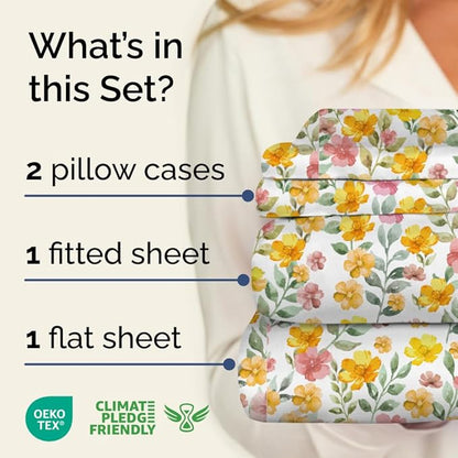 Floral Sheets - Watercolor Floral Bed Sheet Set - 1 Flat, 1 Fitted & 2 Pillowcases w/ Deep Pockets - Comfy, Wrinkle & Fade Free Boho Botanical Bedding - Soft, Breathable and Cooling - Queen Size New