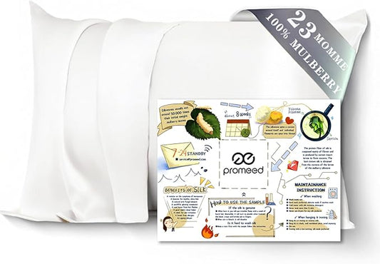 PROMEED 100% Mulberry Silk Pillowcase White with Zipper, Natural 23 Momme Silk Pillow Case for Sensitive Skin, Soft Anti Acne Pillowcase (Standard 20"x26", White)
