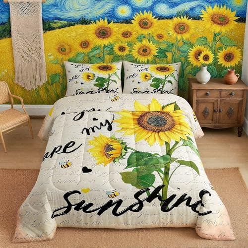 Castle Fairy Sunflower Comforter Set Queen Size,Rustic Farmhouse Bee Bedding 3pcs for Kids Teens Adults Home Room Decor,Black Sketch Sunshine Graffiti Quilt Nature Plants Animals Duvet Insert