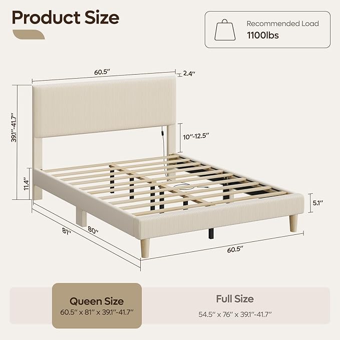 Bestier Queen Bed Frame with Headboard LED Lighting,Upholstered,Beige | Easy Assembly,LED Lighting Headboard,No Squeaks,Vertical Channel Corduroy Upholstered,Wood Slats Support,No Box Spring Needed