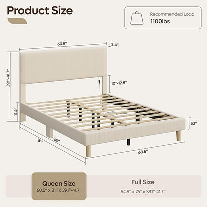 Bestier Queen Bed Frame with Headboard LED Lighting,Upholstered,Beige | Easy Assembly,LED Lighting Headboard,No Squeaks,Vertical Channel Corduroy Upholstered,Wood Slats Support,No Box Spring Needed