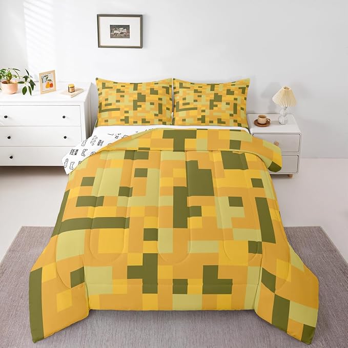 Pixelated Blocks MinersComforter Set King Size,Video Games Cartoon Gamepad Kids Bedding Set,Army Camouflage Game Quilt Comforter,Yellow Green Duvet Insert,2 Pillowcases
