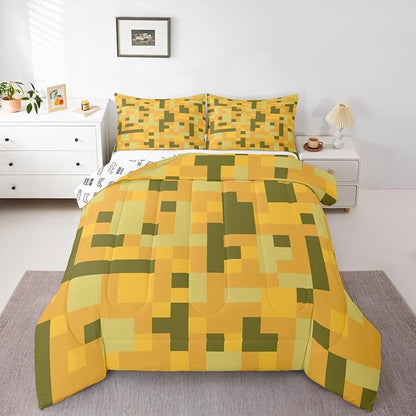 Pixelated Blocks Miners Kids Comforter Set Full Size,Video Games Cartoon Gamepad Bedding Set,Boys Room Decor,Army Camouflage Game Quilt Comforter,Yellow Green Duvet Set Bedroom Quilt Set,2 Pillowcases