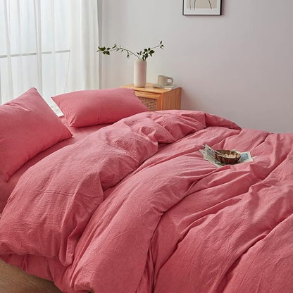 FACE TWO FACE Bedding Duvet Cover Set100% Washed Cotton Duvet Cover Linen Like Textured Breathable Durable Soft Comfy (Full,Red)