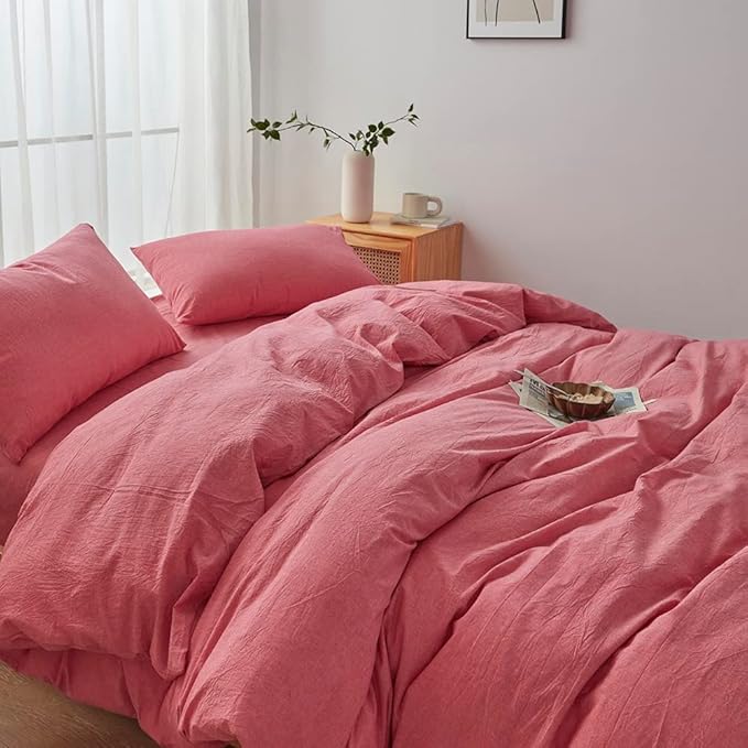 FACE TWO FACE Bedding Duvet Cover Set100% Washed Cotton Duvet Cover Linen Like Textured Breathable Durable Soft Comfy (Queen, Red)