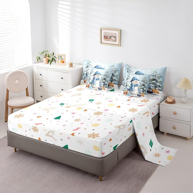 Castle Fairy Xmas Snowman Blue Comforter Set Queen Size 7 Pcs,Winter Outdoor Pine Tree Bedding Set for Girls Teens Bedroom Decor,Cartoon Bed in a Bag with Comforter,Sheets and Pillow Cases