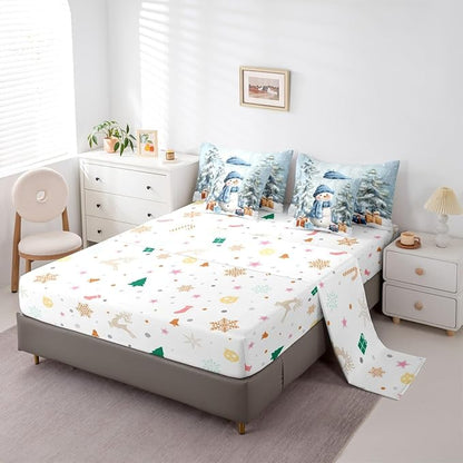 Castle Fairy Xmas Snowman Blue Comforter Set Queen Size 7 Pcs,Winter Outdoor Pine Tree Bedding Set for Girls Teens Bedroom Decor,Cartoon Bed in a Bag with Comforter,Sheets and Pillow Cases