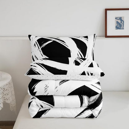 White and Black Striped Bedding Set Full Size for Adults Youth Teens,Contemporary Boho Modern Art Comforter Set,Graffiti Stripes Lines Quilt,Aesthetic Geometric Duvet Insert for Minimalists