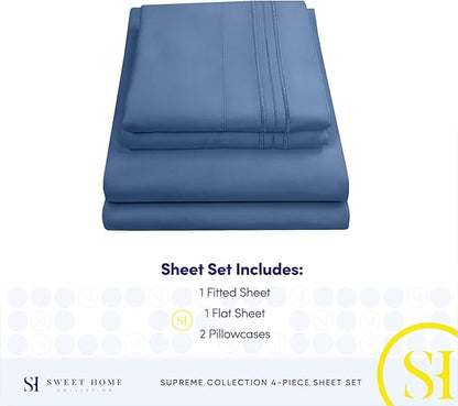 RV Queen Bed Sheets - Breathable Luxury Sheets with Full Elastic & Secure Corner Straps Built In - 1800 Supreme Collection Extra Soft Deep Pocket Bedding Set, Sheet Set, RV Short Queen, Denim