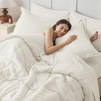 JOLLYVOGUE Queen Comforter Set, Ultra-Soft Bed in a Bag Queen Size 7 Pieces, Oeko-TEX Certified Bedding Set with Down Alternative Comforter, Sheets, Pillowcases & Shams, Ivory