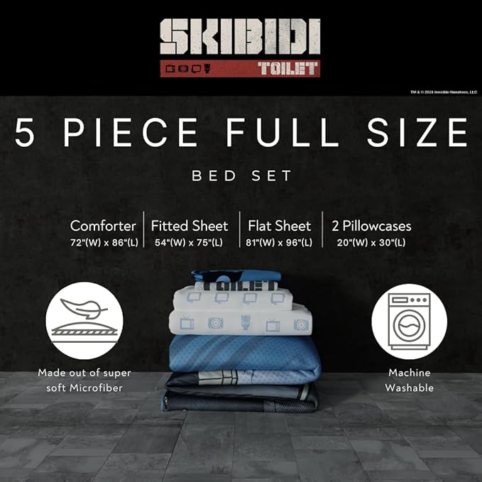 Skibidi Toilet Gamer Bedding 5 Piece Super Soft Reversible Comforter and Sheet Set Full, (Officially Licensed Product) By Franco