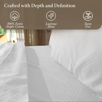 Threadmill Luxury 100% Cotton King Size Sheets Set- 800 Thread Count Jacquard Celine Hotel White, Better Than Egyptian Cotton,4 Pc Striped Bed Set, Damask Bed Sheets with 16" Deep Pocket