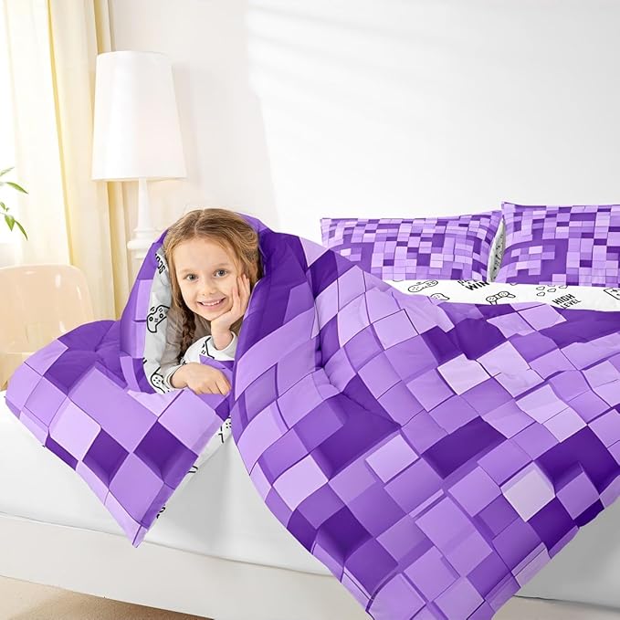 Pixel Grid Miners Kids Bedding Set King Size,Video Games Plaid Lattice Comforter Set,Geometric Check Quilt Comforter,Light Purple Bedroom Duvet Insert,2 Pillowcases