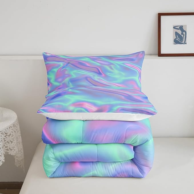 Ombre Tie Dye Bedding Set King, Psychedelic Gradient Comforter, Girls Dreamy Rainbow Bedding, Princess Green Purple Quilted Duvet Bedroom Decor, Girly Colorful Print Bedding Sets & Collections, 3Pcs