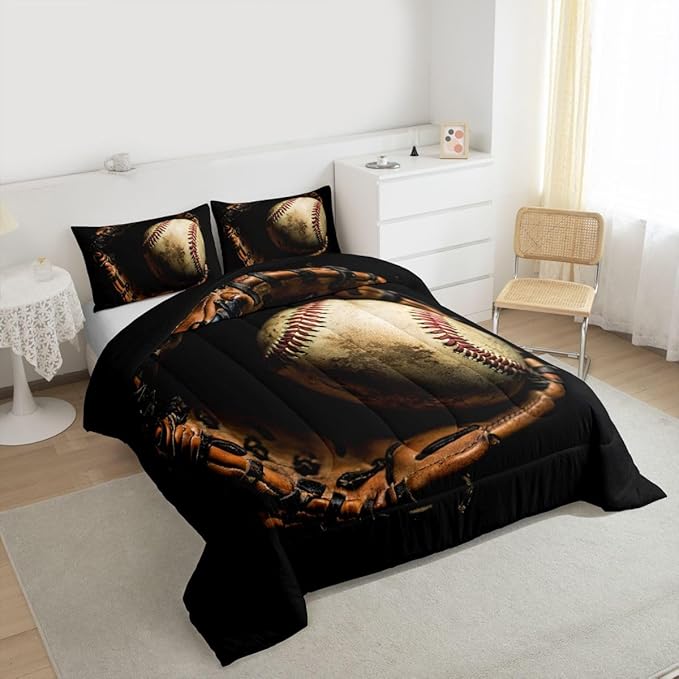Erosebridal Baseball Comforter Set King Size Sports Game Bedding Baseball Player Duvet Insert for Kids Boys Teens Retro Style Quilt for Room Dorm Decorative, Brown Down Comforter