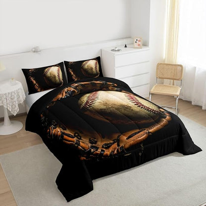 Erosebridal Baseball Comforter Set King Size Sports Game Bedding Baseball Player Duvet Insert for Kids Boys Teens Retro Style Quilt for Room Dorm Decorative, Brown Down Comforter