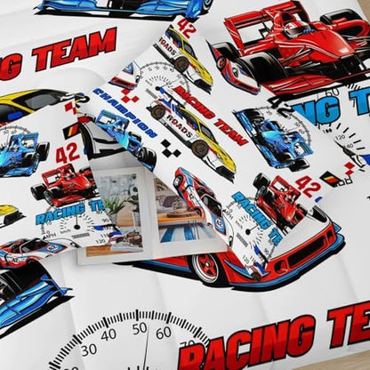 Race Car Themed Comforter Set Twin for Boys，Race Car Bedding Twin Bed Set，Kids Race Car Bedroom Decor with 1 Comforter with 2 Pillow Case