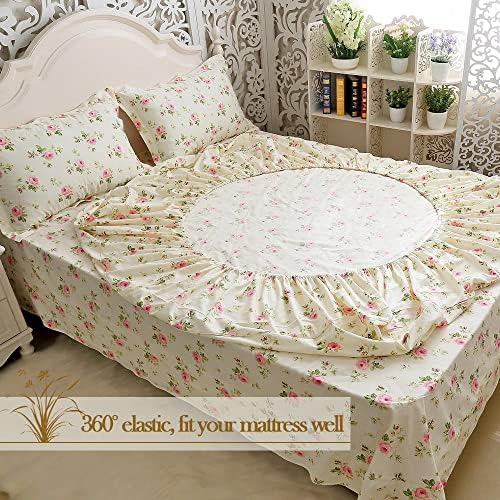 FADFAY California King Floral Sheets 100% Cotton Rosette Print Bed Sheet Set Shabby Vintage Rose Bedding Soft Breathable Light Yellow Luxury Deep Pocket Sheets 4Pcs, Cal King