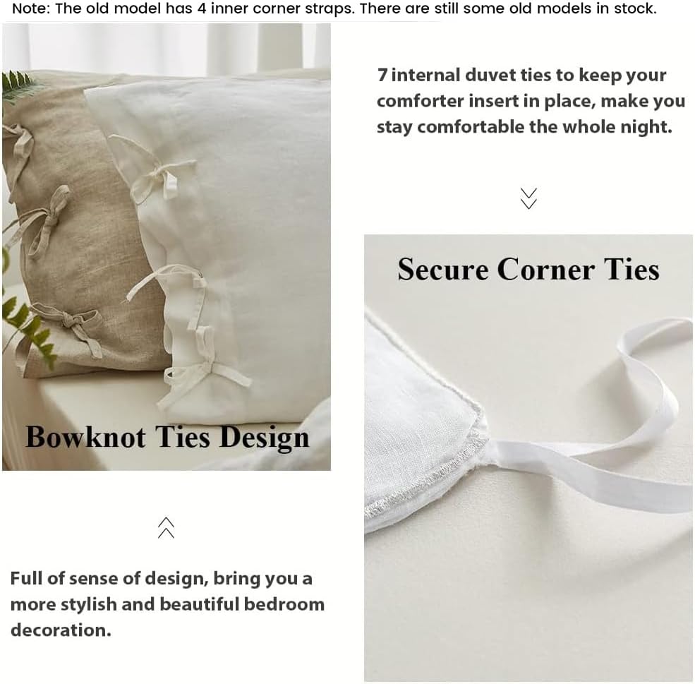 Simple&Opulence 100% Linen Duvet Cover Set 3pcs with Bowknot Ties Closure Natural French Washed Flax Solid Color Soft Breathable Farmhouse Bedding - White, Queen Size