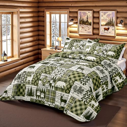 3 Piece Cabin Full/Queen Quilt Sets Farmhouse Rustic Reversible Microfiber Soft Lightweight Bedspread Comforter with 2 Shams Patchwork Country Lodge Bedding Quilts Set for All Season, 90''x96'', Green