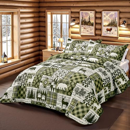 3 Piece Cabin Full/Queen Quilt Sets Farmhouse Rustic Reversible Microfiber Soft Lightweight Bedspread Comforter with 2 Shams Patchwork Country Lodge Bedding Quilts Set for All Season, 90''x96'', Green