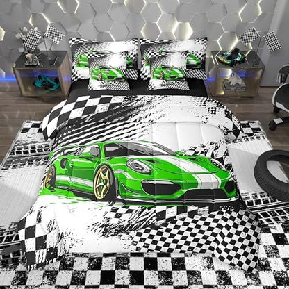 jejeloiu Green Race Car Comforter Set with Sheets King Size for Kids Boys Girls Checkerboard Racing Flag 7 Pieces Bedding Set Cartoon Bed in a Bag Bedroom Decor Soft Lightweight Microfiber