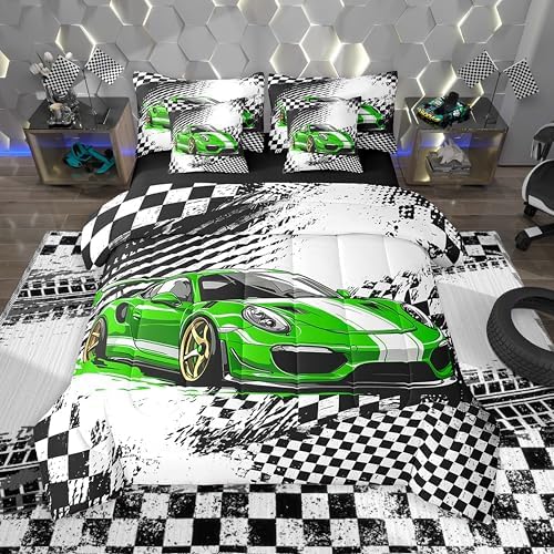 jejeloiu Green Race Car Comforter Set with Sheets Full Size for Kids Boys Girls Checkerboard Racing Flag 7 Pieces Bedding Set Cartoon Bed in a Bag Bedroom Decor Soft Lightweight Microfiber
