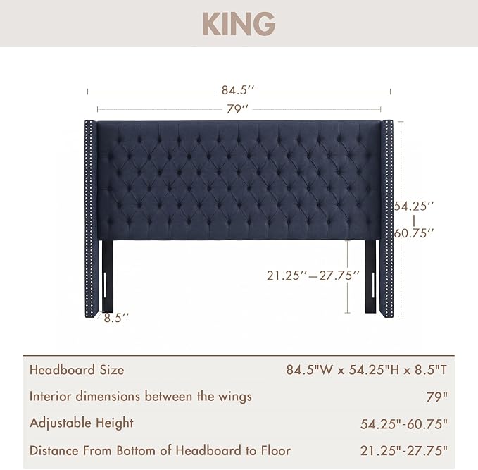 Madison Park King Wingback Upholstered Tufted Headboard, Featuring High-Density Sponge Padding, Adjustable Height Headboard, Easy Assembly, Navy