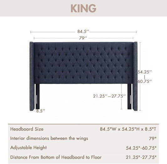 Madison Park King Wingback Upholstered Tufted Headboard, Featuring High-Density Sponge Padding, Adjustable Height Headboard, Easy Assembly, Navy
