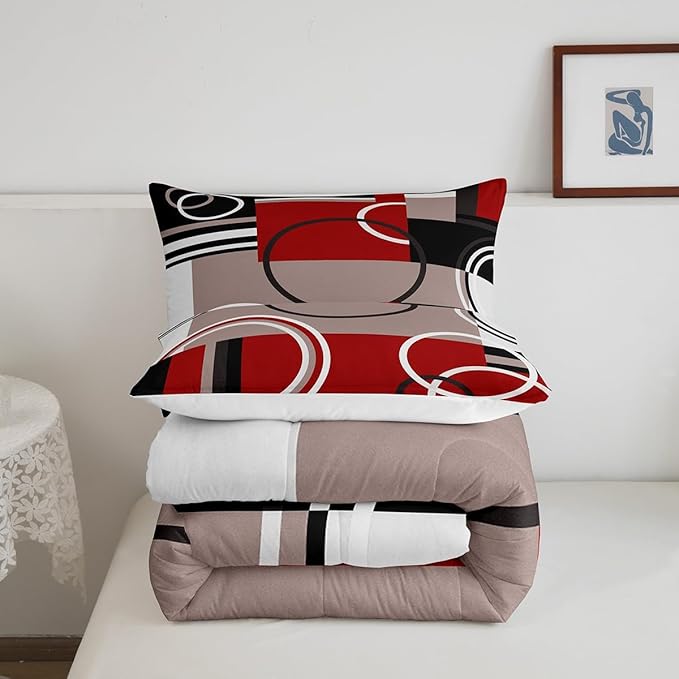 Erosebridal Modern Red Grey Black Stripes Comforter Set Geometric Down Comforter Twin Size Retro Circle Swirls Bedding Set Bedroom Decor Modern Abstract Texture Color Art Quilt Set