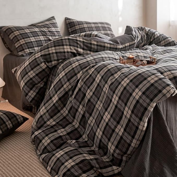 VM VOUGEMARKET Grey Gingham Duvet Cover King Size,Soft Double Layer Cotton Bedding Set with Jacquard Plaid Check Pattern,Breathable Reversible Duvet Cover with Zipper Closure