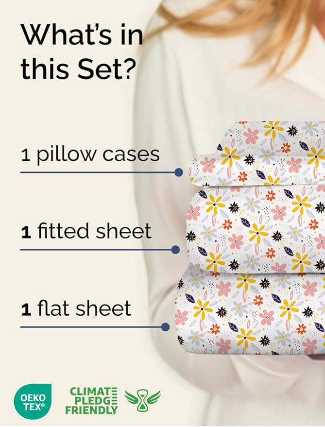 Floral Sheets - Flower Print Bed Sheet Set - 1 Flat, 1 Fitted & 1 Pillowcase w/ Deep Pockets - Comfy, Cozy, Wrinkle & Fade Free - Boho Botanical Bedding - Soft, Breathable & Cooling - Twin XL Size Set