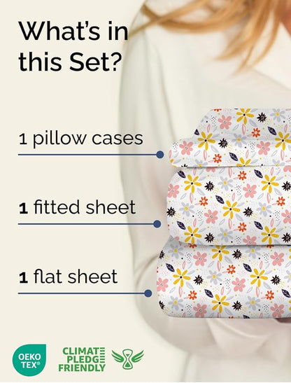 Floral Sheets - Flower Print Bed Sheet Set - 1 Flat, 1 Fitted & 1 Pillowcase w/ Deep Pockets - Comfy, Cozy, Wrinkle & Fade Free - Boho Botanical Bedding - Soft, Breathable & Cooling - Twin XL Size Set