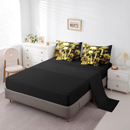 Erosebridal Gold Sugar Skull Bed in a Bag Queen Comforter Set 7 Piece,Gothic Skeleton Bedding Sets Rose Flowers Sheet Set with Comforter