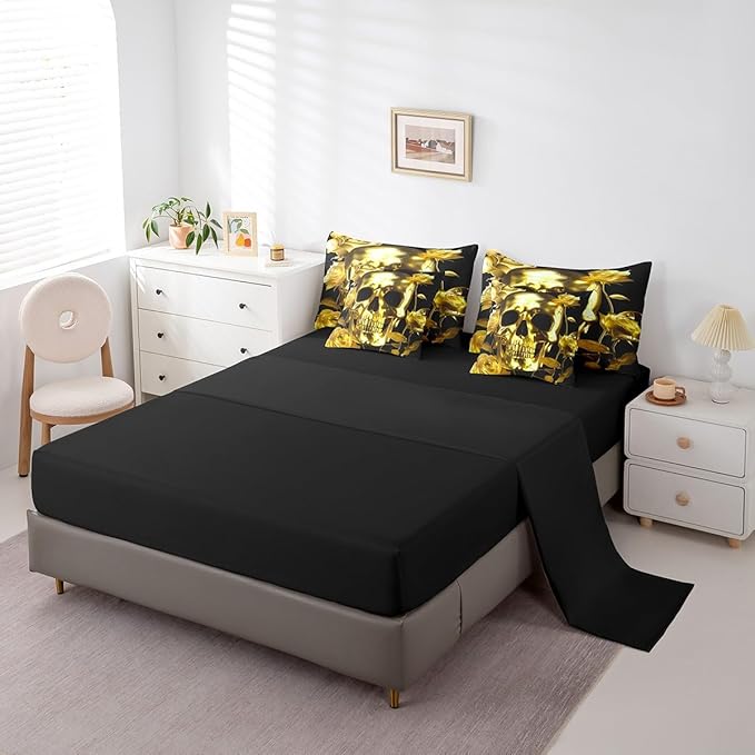 Erosebridal Gold Sugar Skull Comforter Set 7 Piece Bed in a Bag Twin,Gothic Skeleton Bedding Sets Rose Flowers Sheet Set with Comforter