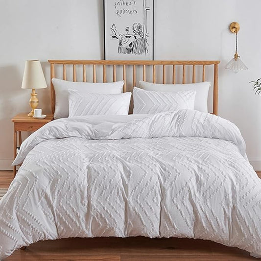 CLOTHKNOW White Tufted Full Size Comforter Sets 3Pcs Farmhouse Bedding Sets Soft Shabby Chic Boho Comforter with 2 x Pillow Cases