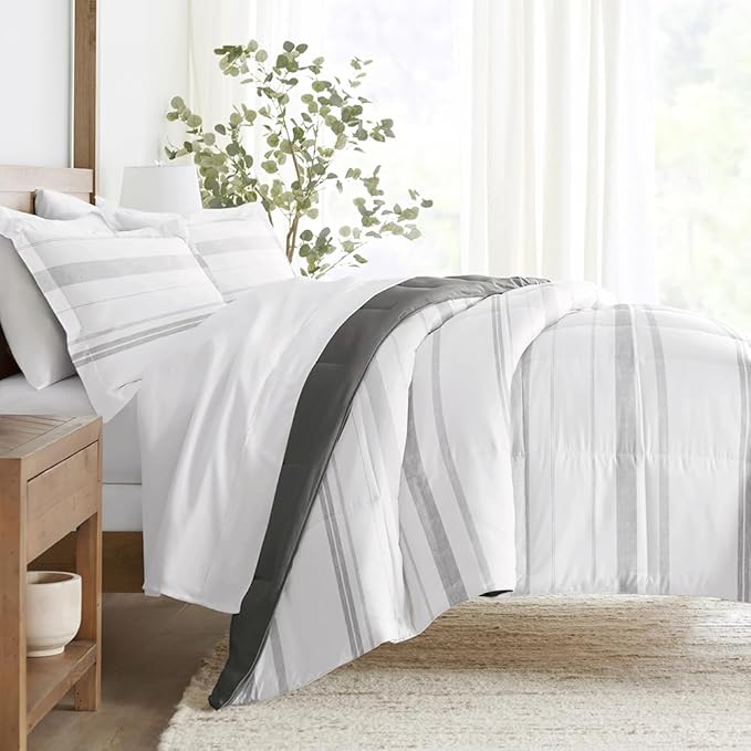 LINENS & HUTCH Comforter Set Patterned Microfiber All Season Down-Alternative Ultra Soft Bedding in Stitched Stripe - Full/Queen Stitched Stripe Gray