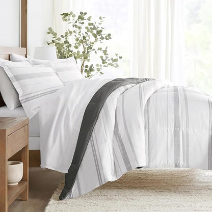 LINENS & HUTCH Comforter Set Patterned Microfiber All Season Down-Alternative Ultra Soft Bedding in Stitched Stripe - Full/Queen Stitched Stripe Gray