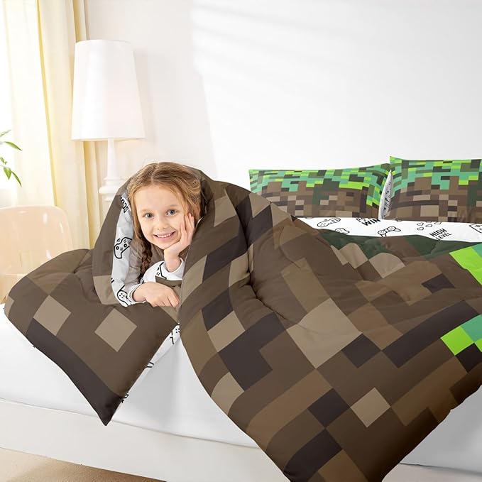 Miners Pixel Checked Kids Comforter Set Twin Size,Video Games Check Lattice Bedding Set Boys Girls Room Decor,Game Cartoon Gamepad Quilt Comforter,Green Brown Duvet Set Bedroom Quilt Set,1 Pillowcase