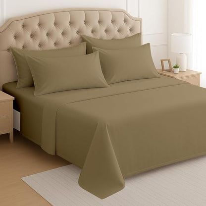 Mattress-Homes Extra Deep Pocket 6 Piece Full Sheet Set, Hotel Luxury Collection, 100% Egyptian Cotton, 21" Deep Fitted Sheet, Soft, Cool & Breathable Bedding with 4 Pillowcases in Taupe Solid