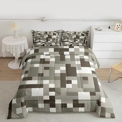 Miners Pixel CheckedComforter Set King Size,Cartoon Gamepad Video Games Kids Bedding Set,Geometric Grid Patchwork Quilt Comforter,Gray White Duvet Insert,2 Pillowcases
