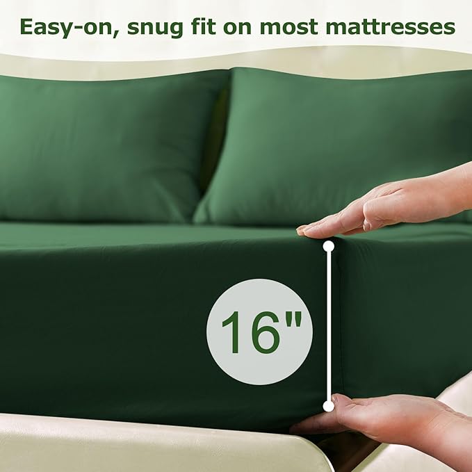 King Size Bed Sheet Set - 4 Piece Soft Microfiber Sheets with Deep Pockets, Cooling Technology, and Wrinkle-Free Pillowcase. Hotel-Quality, Durable Bedding, Eden Green
