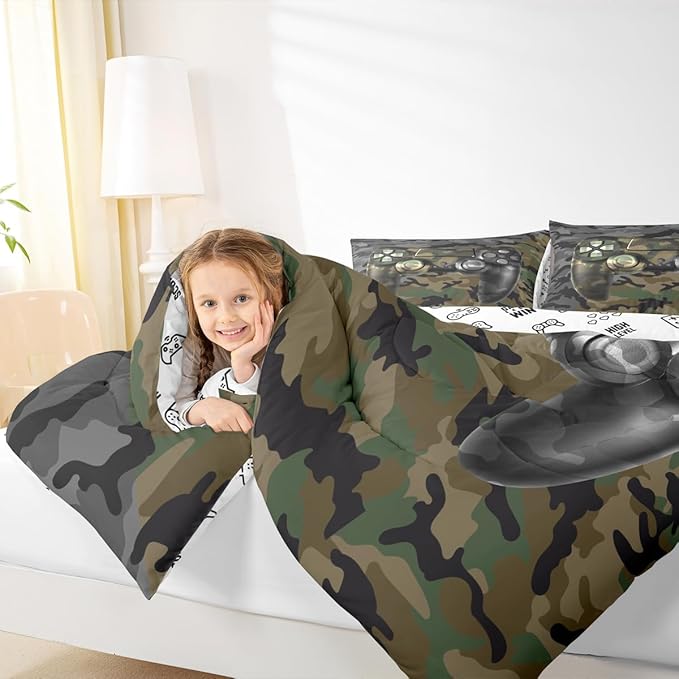 Feelyou Kids Gamer Comforter Set Camouflage Gaming Bedding Set for Boys Teens Bedroom Green Black Camo Video Game Decor Comforter Gamer Console Quilt Set Queen Size Duvet Quilted 3Pcs