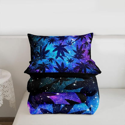 Erosebridal Leaves Comforter Set Teens Galaxy Bedding Set Full for Women Men Youth Soft Chic Purple Blue Duvet Set Room Decor Quilt Set