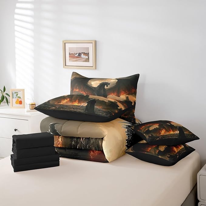 Feelyou Medieval Fantasy Dragon Comforter Set 7 Pieces King Size Ancient Animal Bedding Set for Boys Girls Fairy Goth Bed in a Bag with Comforter, Sheets, Pillowcases & Cushion Covers