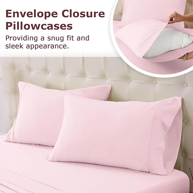 Queen Size Bed Sheet Set - 4 Piece Soft Microfiber Sheets with Deep Pockets, Cooling Technology, and Wrinkle-Free Pillowcase. Hotel-Quality, Durable Bedding, Light Pink