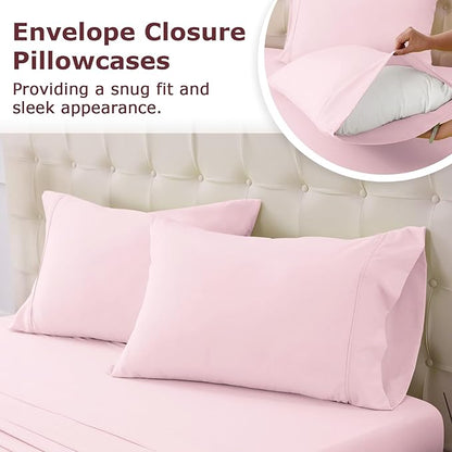 Queen Size Bed Sheet Set - 4 Piece Soft Microfiber Sheets with Deep Pockets, Cooling Technology, and Wrinkle-Free Pillowcase. Hotel-Quality, Durable Bedding, Light Pink